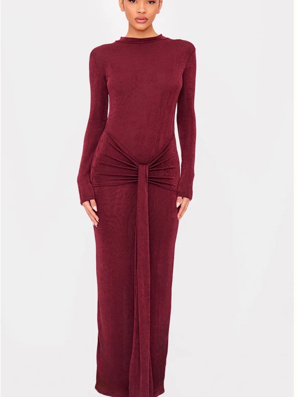 PrettyLittleThing Burgundy Knot Detail Slinky Wrap Maxi Dress Size UK10/US6